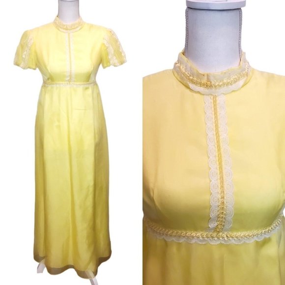 Vintage 70s Womens XS Lemon Yellow Long Maxi‎ Hostess Dress Ruffles Regencycore - Picture 1 of 9